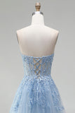 Strapless Sky Blue A Line Applique Beaded Corset Prom Dress