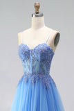 Blue Appliqued Corset Tulle A Line Long Prom Dress with Slit