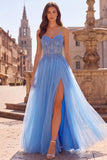 Blue Appliqued Corset Tulle A Line Long Prom Dress with Slit
