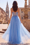 Blue Appliqued Corset Tulle A Line Long Prom Dress with Slit
