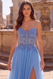 Blue Appliqued Corset Tulle A Line Long Prom Dress with Slit