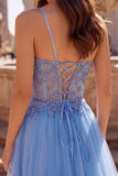 Blue Appliqued Corset Tulle A Line Long Prom Dress with Slit