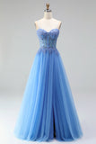 Blue Appliqued Corset Tulle A Line Long Prom Dress with Slit