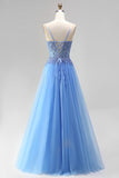 Blue Appliqued Corset Tulle A Line Long Prom Dress with Slit