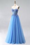 Blue Appliqued Corset Tulle A Line Long Prom Dress with Slit