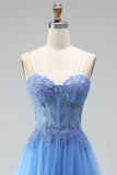 Blue Appliqued Corset Tulle A Line Long Prom Dress with Slit