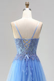 Blue Appliqued Corset Tulle A Line Long Prom Dress with Slit