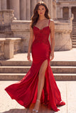 Red Satin Mermaid Applique Spaghetti Straps Long Prom Dress with Slit