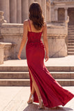 Red Satin Mermaid Applique Spaghetti Straps Long Prom Dress with Slit