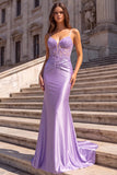 Lilac Beaded Mermaid Satin Ruched Long Prom Dress