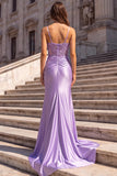Lilac Beaded Mermaid Satin Ruched Long Prom Dress
