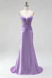 Lilac Beaded Mermaid Satin Ruched Long Prom Dress