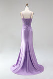 Lilac Beaded Mermaid Satin Ruched Long Prom Dress
