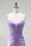 Lilac Beaded Mermaid Satin Ruched Long Prom Dress