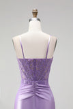 Lilac Beaded Mermaid Satin Ruched Long Prom Dress