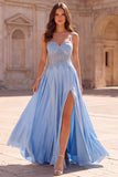 Light Blue A Line Appliqued Spaghetti Straps Satin Long Prom Dress with Slit