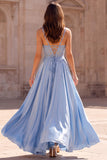 Light Blue A Line Appliqued Spaghetti Straps Satin Long Prom Dress with Slit