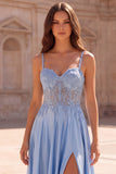 Light Blue A Line Appliqued Spaghetti Straps Satin Long Prom Dress with Slit