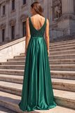 Dark Green V-Neck Satin A Line Long Prom Dress