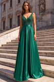 Dark Green V-Neck Satin A Line Long Prom Dress