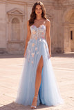 Sweetheart Light Blue 3D Flower Corset A Line Tulle Long Prom Dress with Slit