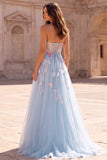 Sweetheart Light Blue 3D Flower Corset A Line Tulle Long Prom Dress with Slit