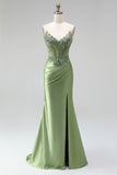Beaded Green Strapless Corset Satin Mermaid Long Prom Dress with Slit