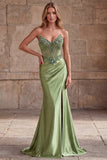 Beaded Green Strapless Corset Satin Mermaid Long Prom Dress with Slit