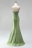 Beaded Green Strapless Corset Satin Mermaid Long Prom Dress with Slit