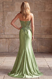 Beaded Green Strapless Corset Satin Mermaid Long Prom Dress with Slit