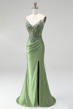 Beaded Green Strapless Corset Satin Mermaid Long Prom Dress with Slit