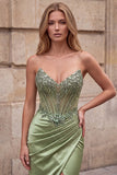 Beaded Green Strapless Corset Satin Mermaid Long Prom Dress with Slit