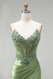 Beaded Green Strapless Corset Satin Mermaid Long Prom Dress with Slit