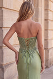 Beaded Green Strapless Corset Satin Mermaid Long Prom Dress with Slit