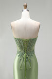 Beaded Green Strapless Corset Satin Mermaid Long Prom Dress with Slit