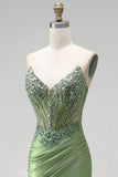 Beaded Green Strapless Corset Satin Mermaid Long Prom Dress with Slit