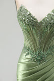 Beaded Green Strapless Corset Satin Mermaid Long Prom Dress with Slit