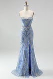 Sparkly Blue Strapless Beaded Corset Mermaid Long Prom Dress with Slit