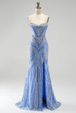 Sparkly Blue Strapless Beaded Corset Mermaid Long Prom Dress with Slit