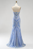 Sparkly Blue Strapless Beaded Corset Mermaid Long Prom Dress with Slit