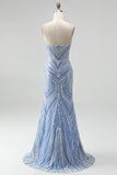 Sparkly Blue Strapless Beaded Corset Mermaid Long Prom Dress with Slit