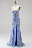Sparkly Blue Strapless Beaded Corset Mermaid Long Prom Dress with Slit