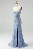 Sparkly Blue Strapless Beaded Corset Mermaid Long Prom Dress with Slit