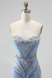 Sparkly Blue Strapless Beaded Corset Mermaid Long Prom Dress with Slit