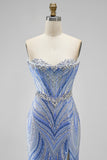 Sparkly Blue Strapless Beaded Corset Mermaid Long Prom Dress with Slit