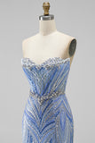 Sparkly Blue Strapless Beaded Corset Mermaid Long Prom Dress with Slit