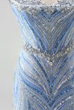 Sparkly Blue Strapless Beaded Corset Mermaid Long Prom Dress with Slit