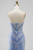 Sparkly Blue Strapless Beaded Corset Mermaid Long Prom Dress with Slit