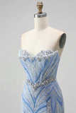 Sparkly Blue Strapless Beaded Corset Mermaid Long Prom Dress with Slit