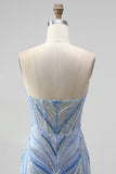 Sparkly Blue Strapless Beaded Corset Mermaid Long Prom Dress with Slit